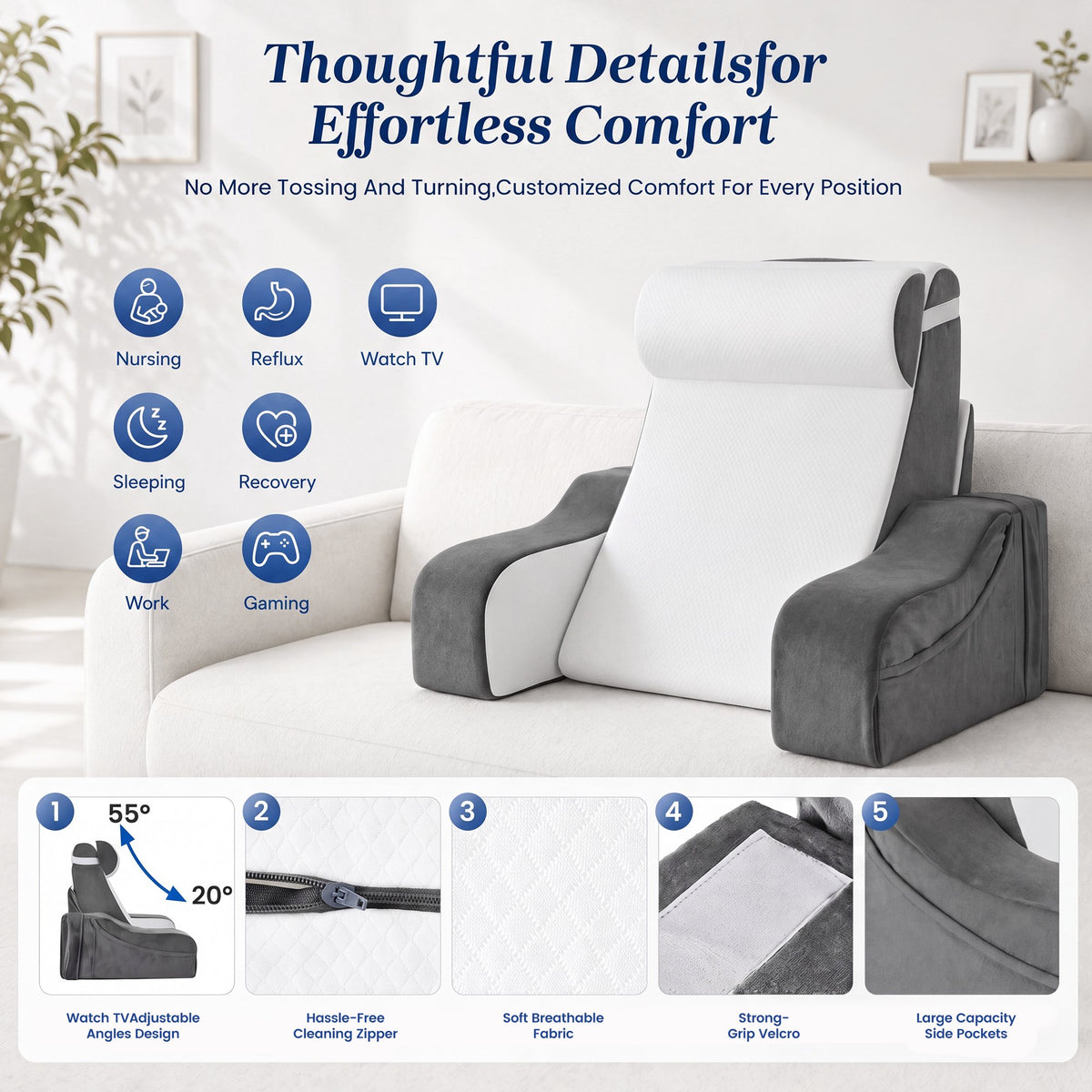 AMTPM Reading Pillow for Bed with Detachable Armrests, 2-in-1 Wedge Reading Pillow, 20°-55° Adjustable Headrest & Independent Lumbar Support Bed Reading Pillow for TV, Books, Nursing