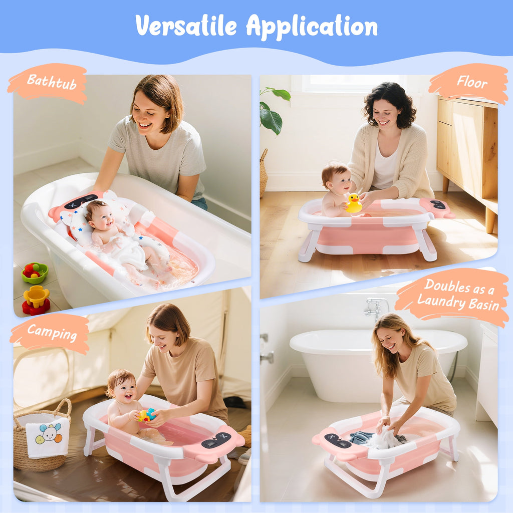 Doulami Baby Bathtub for Infants Collapsible Baby Tubs for Newborns with Cushion and Thermometer, 0-36 Month(Pink)