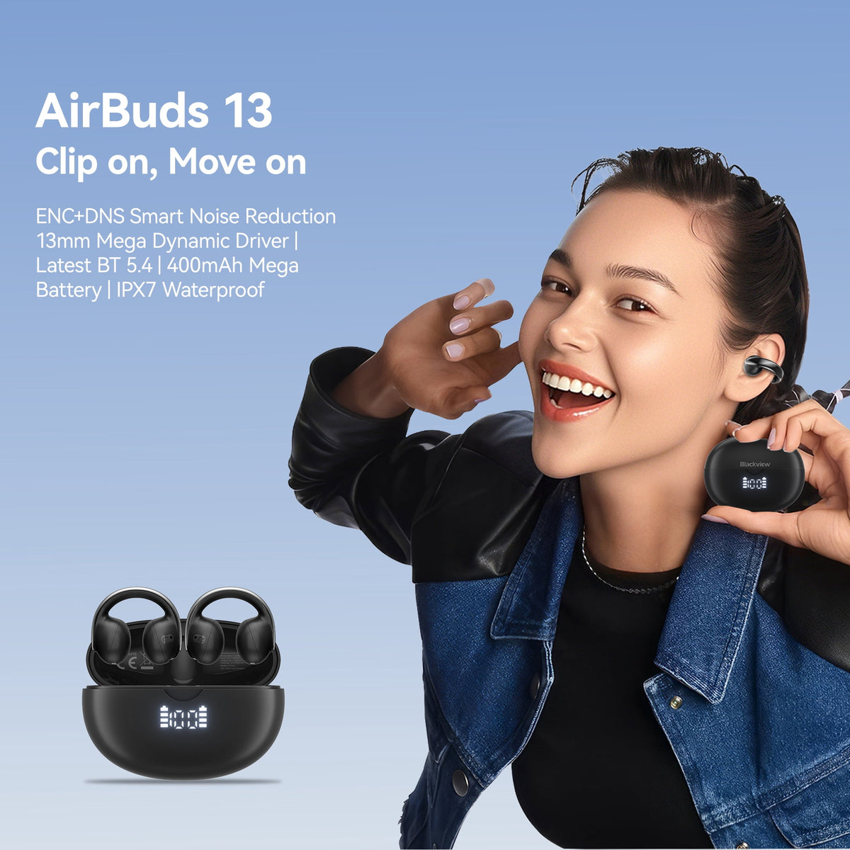 Blackview Open Earbuds,Wireless Earbuds with Digital Display Charging Case,Bluetooth 5.4,IPX7,Lightweight Comfort,Clip On Earbuds for Workout/Running,Black