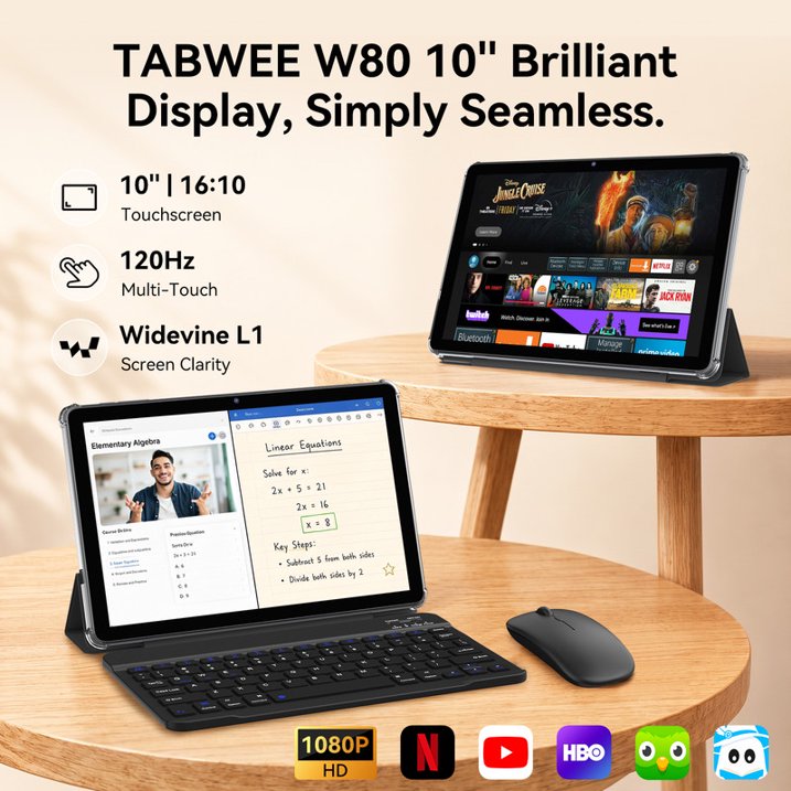 TABWEE W80 10" Android 16 Tablet with Keyboard & Stylus, Unisoc T610 Octa-Core, 4G LTE (T-Mobile Only), 32GB+128GB, 120Hz FHD Display, 6000mAh, for Office Study Gaming