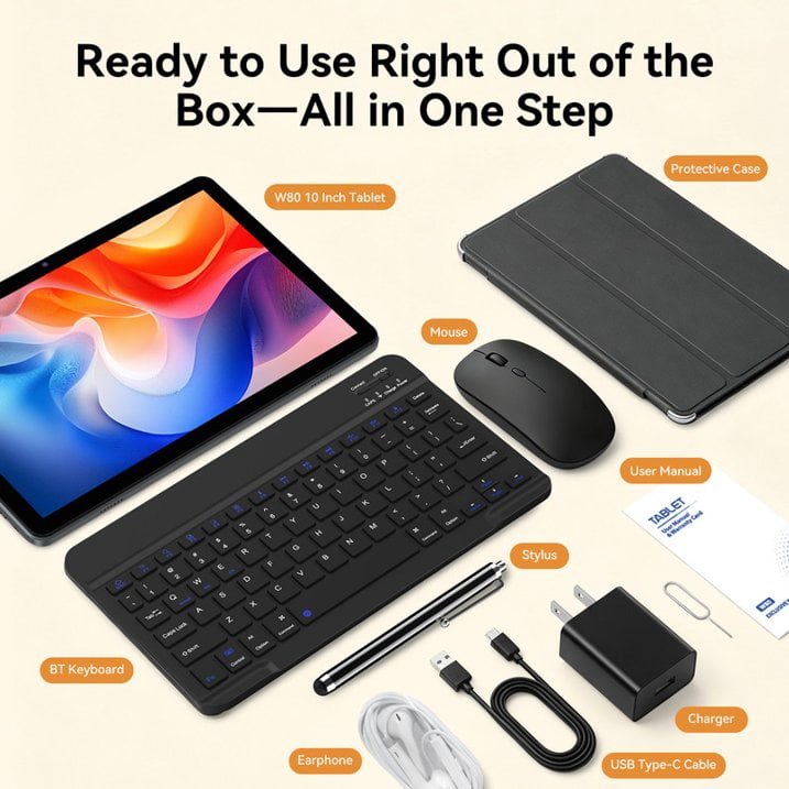 TABWEE W80 10" Android 16 Tablet with Keyboard & Stylus, Unisoc T610 Octa-Core, 4G LTE (T-Mobile Only), 32GB+128GB, 120Hz FHD Display, 6000mAh, for Office Study Gaming