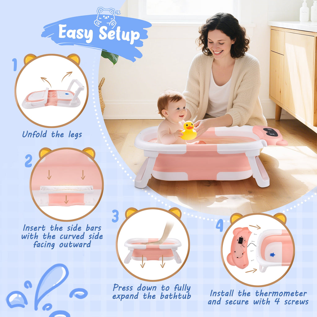 Doulami Baby Bathtub for Infants Collapsible Baby Tubs for Newborns with Cushion and Thermometer, 0-36 Month(Pink)
