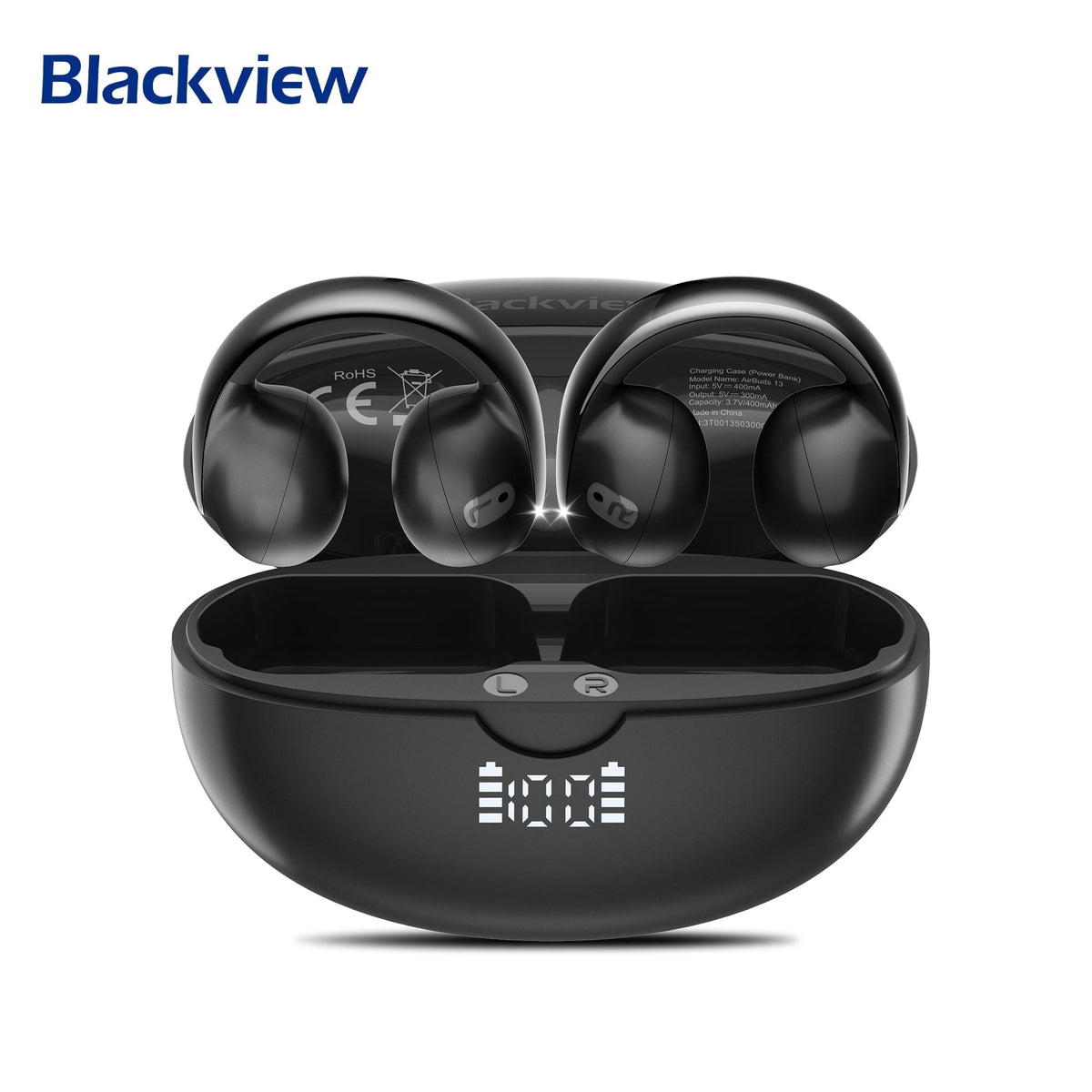 Blackview Open Earbuds,Wireless Earbuds with Digital Display Charging Case,Bluetooth 5.4,IPX7,Lightweight Comfort,Clip On Earbuds for Workout/Running,Black