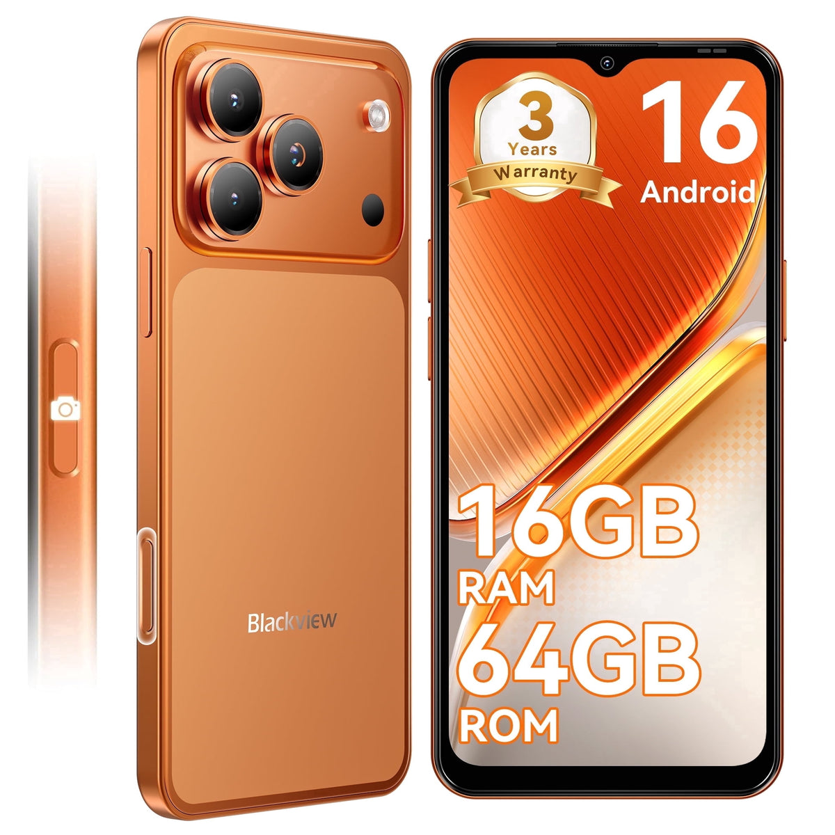 Blackview WAVE 7C Unlocked Cell Phone,Android 16 Smartphone,16GB+64GB/2TB Expandable,6.56" Display,5000mAh Battery,32MP Camera,Dual SIM,IP54,3-Year Warranty,Orange