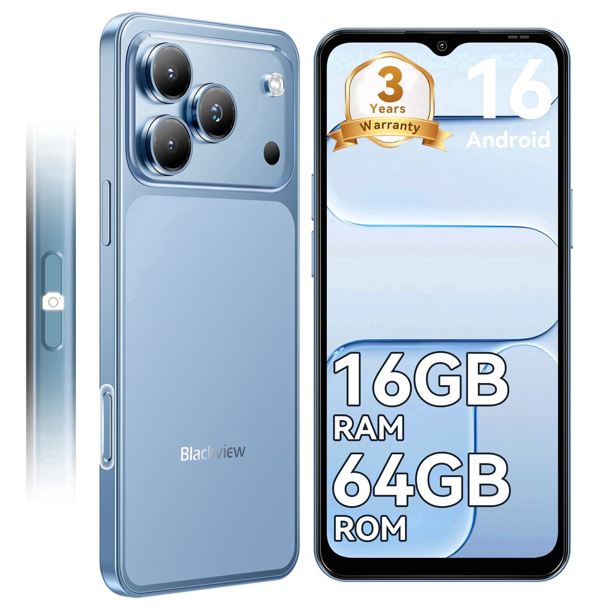 Blackview WAVE 7C Unlocked Cell Phone,Android 16 Smartphone,16GB+64GB/2TB Expandable,6.56" Display,5000mAh Battery,32MP Camera,Dual SIM,IP54,3-Year Warranty,Blue