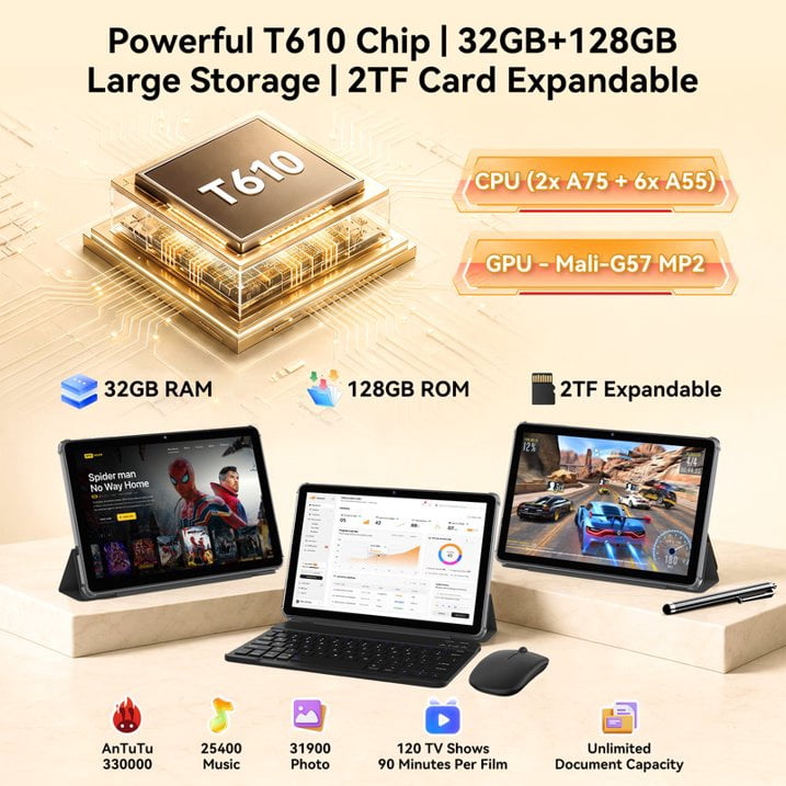 TABWEE W80 10" Android 16 Tablet with Keyboard & Stylus, Unisoc T610 Octa-Core, 4G LTE (T-Mobile Only), 32GB+128GB, 120Hz FHD Display, 6000mAh, for Office Study Gaming