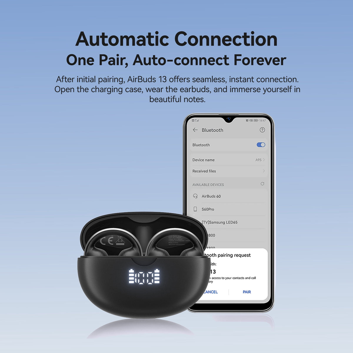 Blackview Open Earbuds,Wireless Earbuds with Digital Display Charging Case,Bluetooth 5.4,IPX7,Lightweight Comfort,Clip On Earbuds for Workout/Running,Black