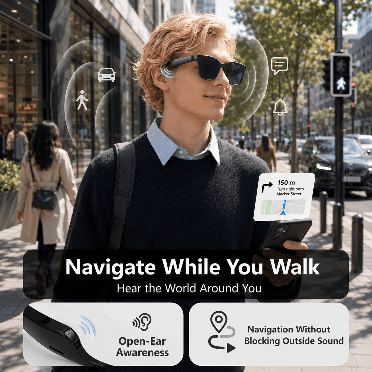 Bluetooth Glasses for Men & Women, AI Smart glasses Music Sunglasses with Open-Ear Speaker, Voice Control & HD Mic, UV400 Lens, 10H Playtime,Waterproof Music Glasses for Driving Travel Work, gifts