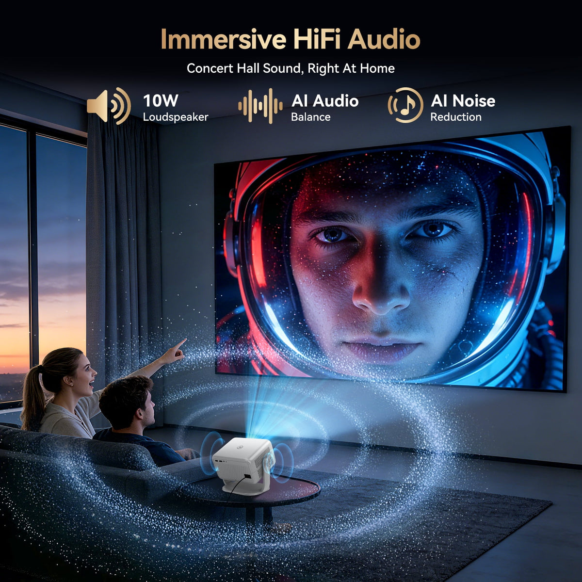 [Built-in Apps] Huidun 4K Projector with Wifi and Bluetooth,330 Lumens,Auto Focus & Auto Keystone Correction,Portable 1080P FHD 360° Rotatable Mini Projector